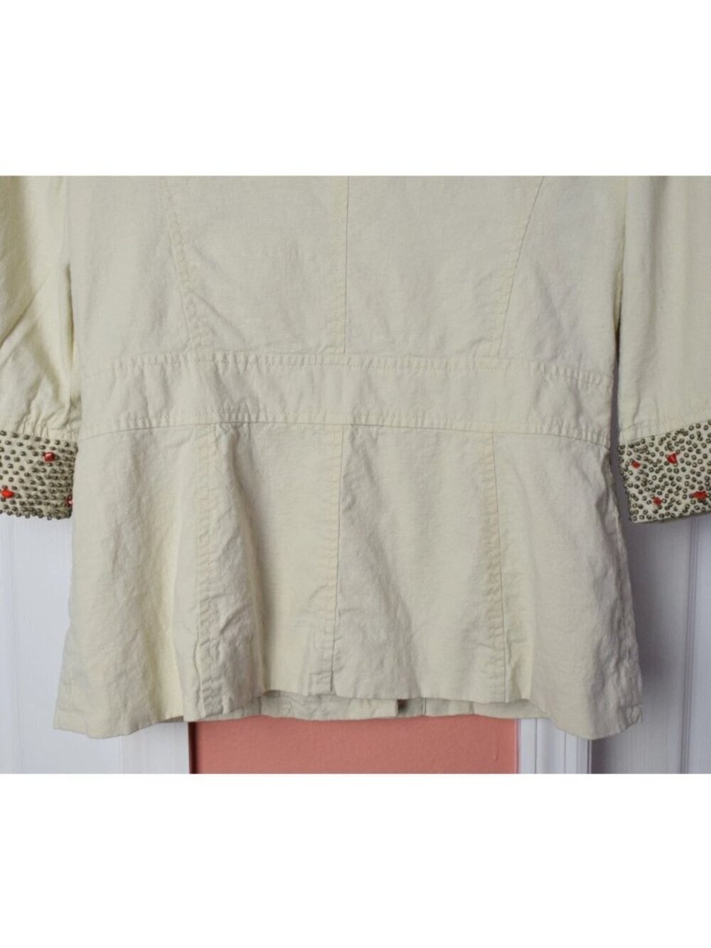 ANTHROPOLOGIE EVELYN BEIGE LINEN BEAD EMBROIDERED SLEEVE JACKET - Picture 6 of 9
